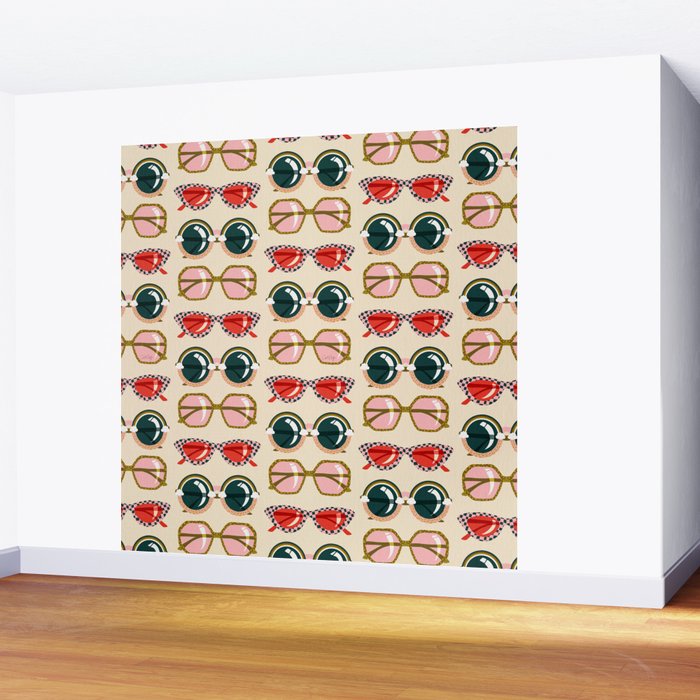 Retro Sunglasses - Red & Teal on Cream Wall Mural Gallery Image 2