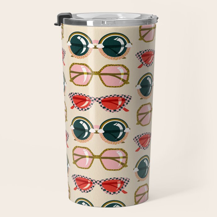 Retro Sunglasses - Red & Teal on Cream Travel Mug Gallery Image 3