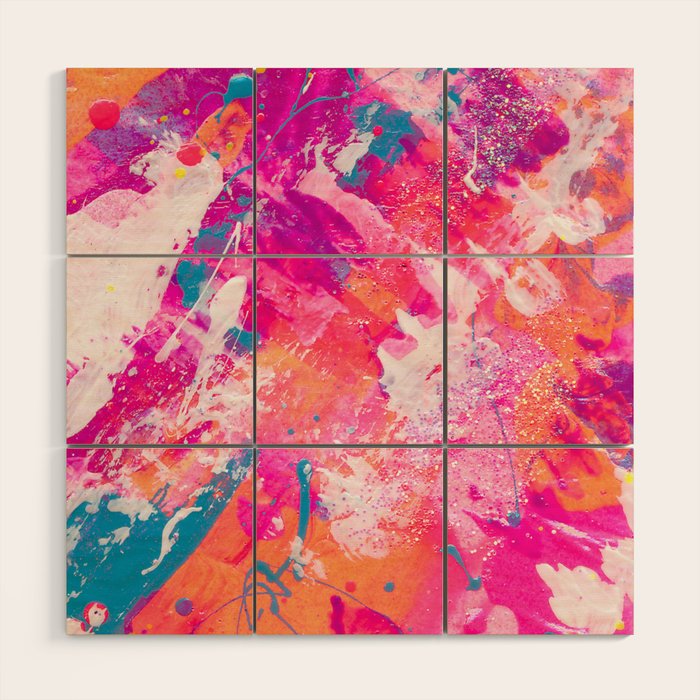 Vibrant Colorful Abstract Splatter Painting with Glitter Wood Wall Art Gallery Image 1