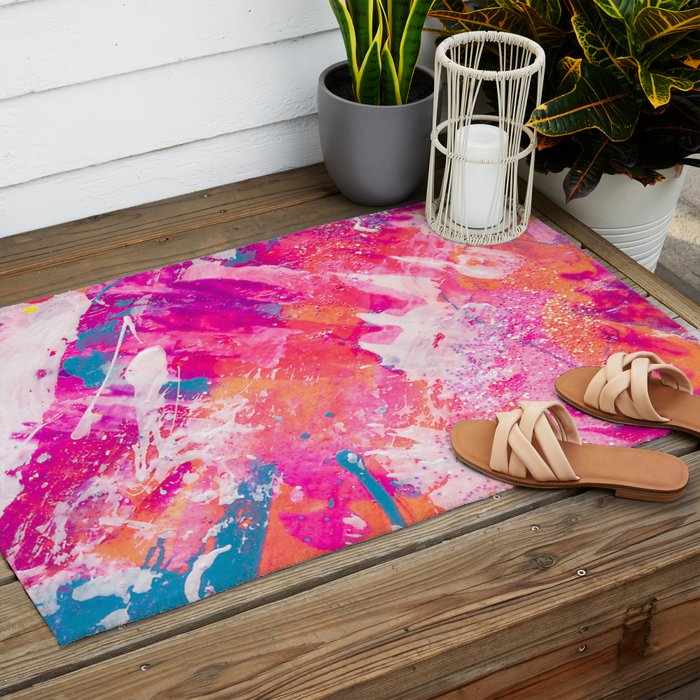 Vibrant Colorful Abstract Splatter Painting with Glitter Outdoor Rug Gallery Image 2