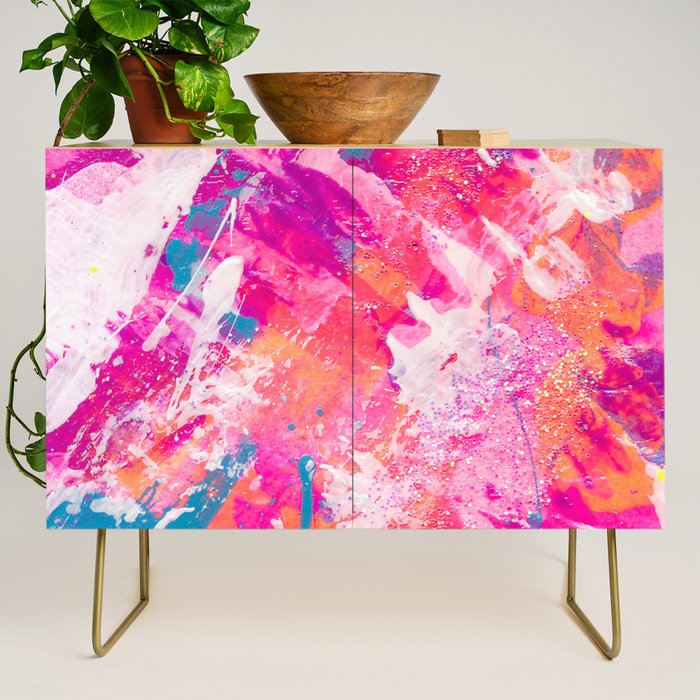 Vibrant Colorful Abstract Splatter Painting with Glitter Credenza Gallery Image 1