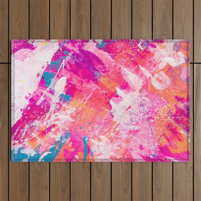 Vibrant Colorful Abstract Splatter Painting with Glitter Outdoor Rug Gallery Image 1