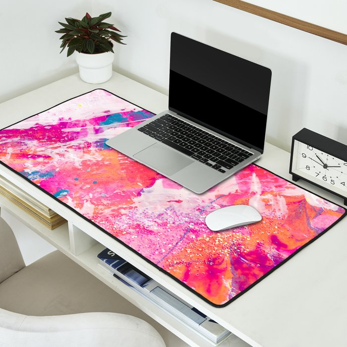 Vibrant Colorful Abstract Splatter Painting with Glitter Desk Mat Gallery Image 2