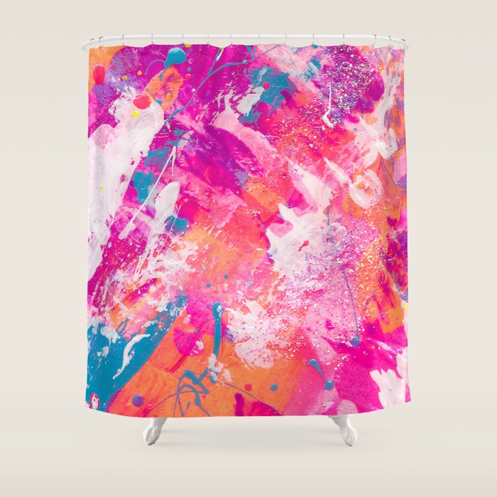 Vibrant Colorful Abstract Splatter Painting with Glitter Shower Curtain Gallery Image 1