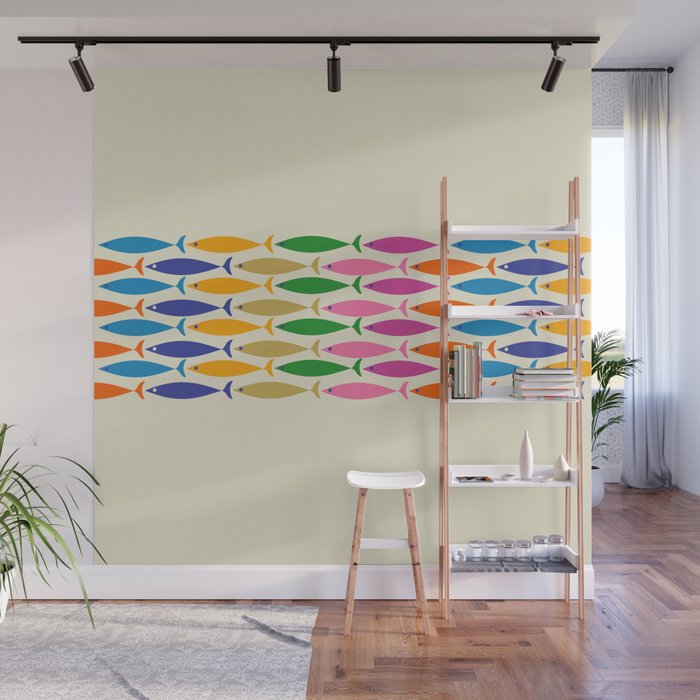 Fish Stripe Colorful Minimalist Mid Century Modern Fish Pattern Wall Mural Gallery Image 1