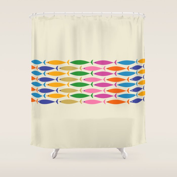 Fish Stripe Colorful Minimalist Mid Century Modern Fish Pattern Shower Curtain Gallery Image 1