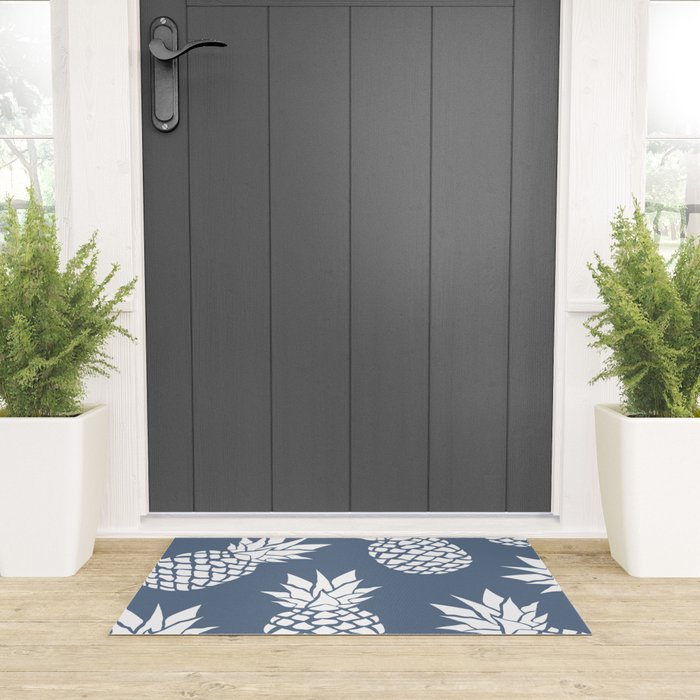 Festive, Tropical, Pineapples, Blue and White Welcome Mat Gallery Image 3