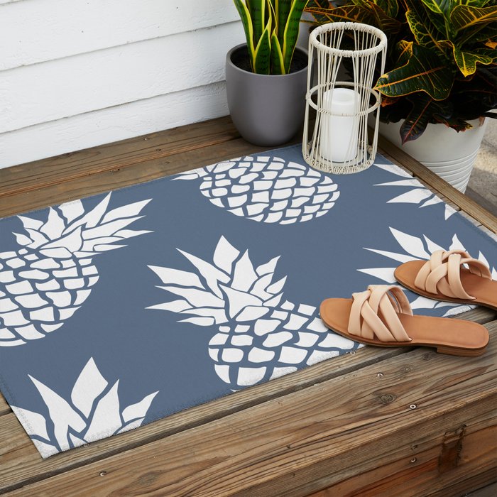 Festive, Tropical, Pineapples, Blue and White Outdoor Rug Gallery Image 2