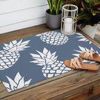 Festive, Tropical, Pineapples, Blue and White Outdoor Rug Gallery Image 2