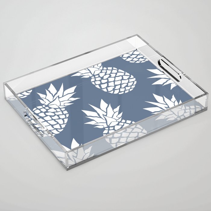 Festive, Tropical, Pineapples, Blue and White Acrylic Tray Gallery Image 1