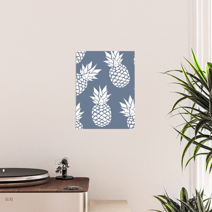 Festive, Tropical, Pineapples, Blue and White Poster Gallery Image 2