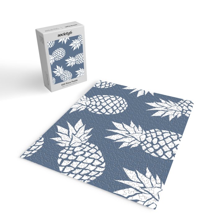Festive, Tropical, Pineapples, Blue and White Jigsaw Puzzle Gallery Image 2