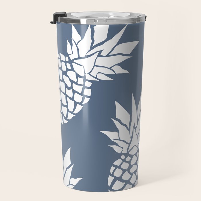 Festive, Tropical, Pineapples, Blue and White Travel Mug Gallery Image 3