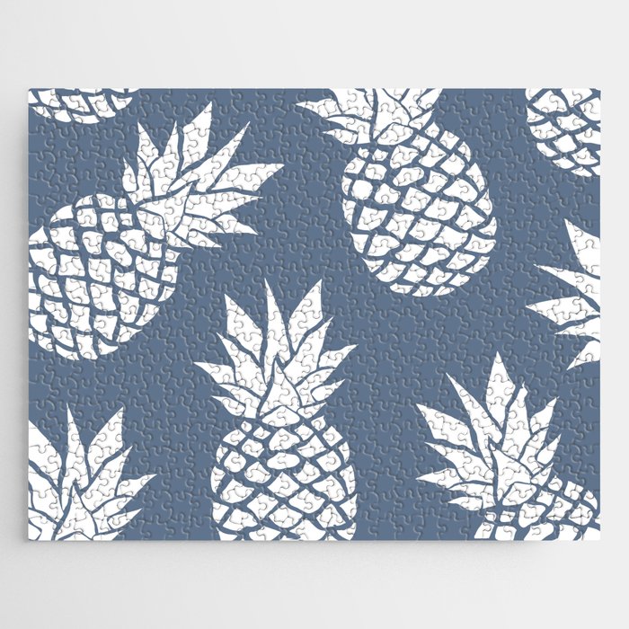 Festive, Tropical, Pineapples, Blue and White Jigsaw Puzzle Gallery Image 1