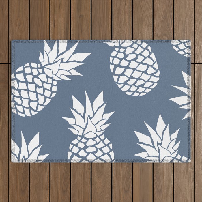 Festive, Tropical, Pineapples, Blue and White Outdoor Rug Gallery Image 1
