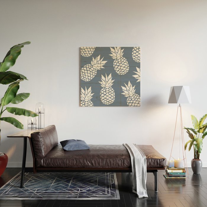 Festive, Tropical, Pineapples, Blue and White Wood Wall Art Gallery Image 2