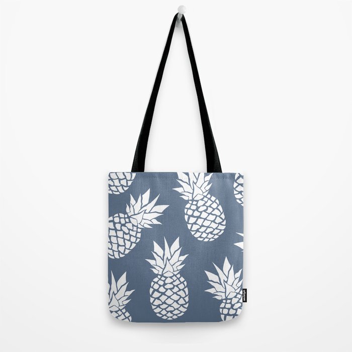 Festive, Tropical, Pineapples, Blue and White Tote Bag Gallery Image 2
