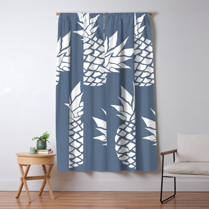 Festive, Tropical, Pineapples, Blue and White Window Curtain Gallery Image 5