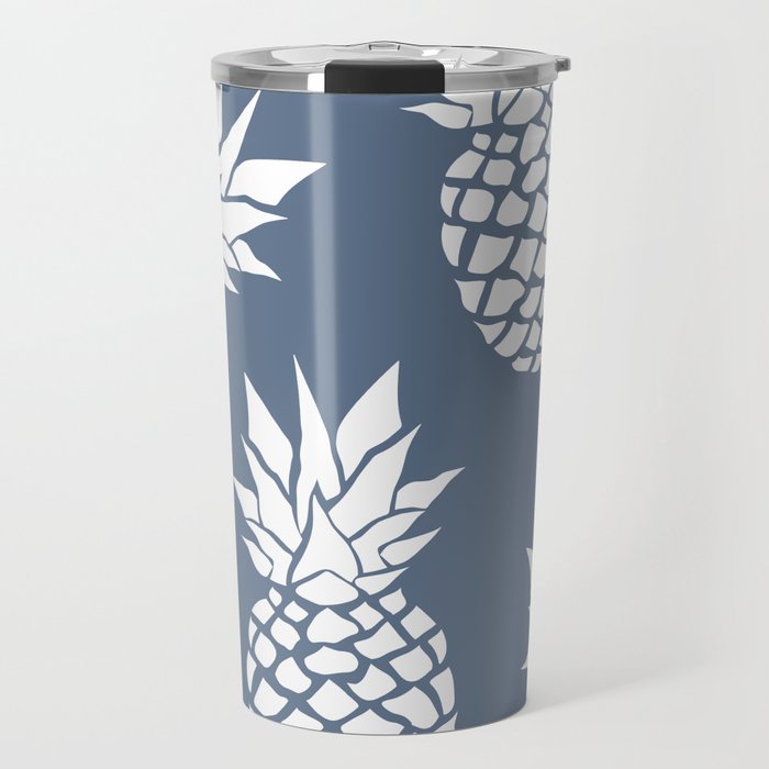 Festive, Tropical, Pineapples, Blue and White Travel Mug Gallery Image 1