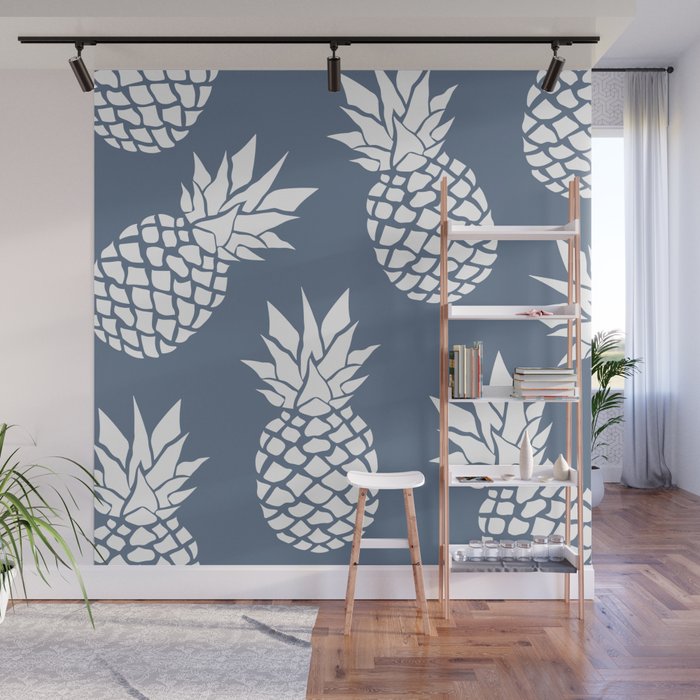 Festive, Tropical, Pineapples, Blue and White Wall Mural Gallery Image 1