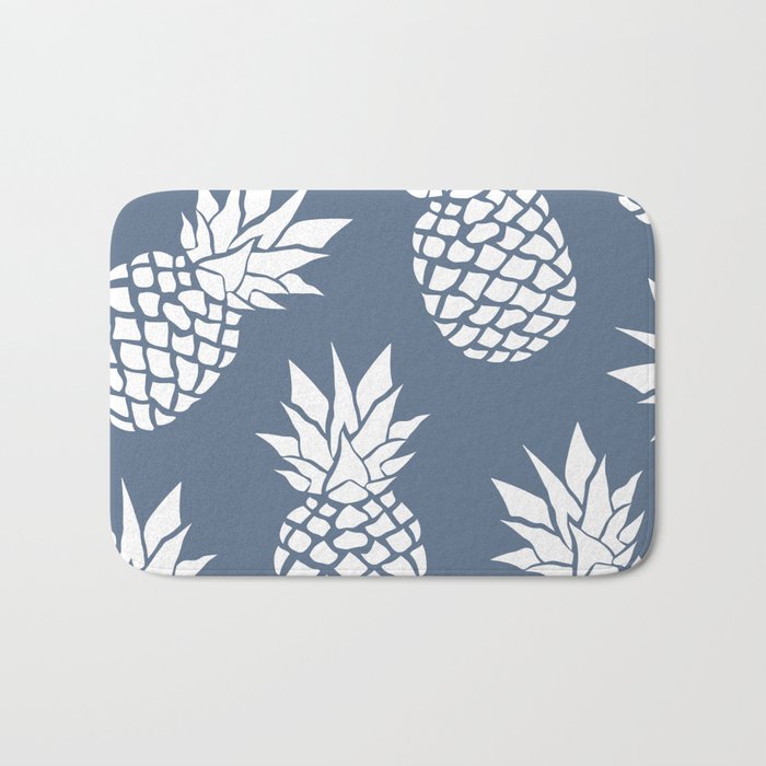 Festive, Tropical, Pineapples, Blue and White Bath Mat Gallery Image 1