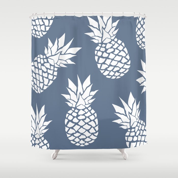 Festive, Tropical, Pineapples, Blue and White Shower Curtain Gallery Image 1