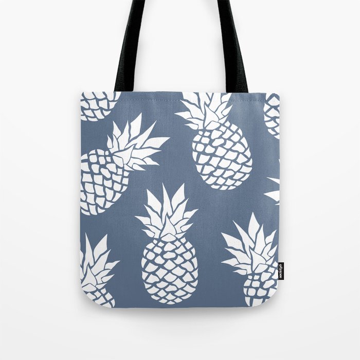 Festive, Tropical, Pineapples, Blue and White Tote Bag Gallery Image 1