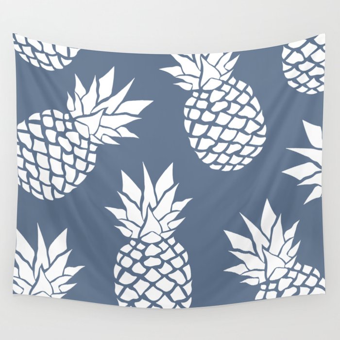 Festive, Tropical, Pineapples, Blue and White Wall Tapestry Gallery Image 1