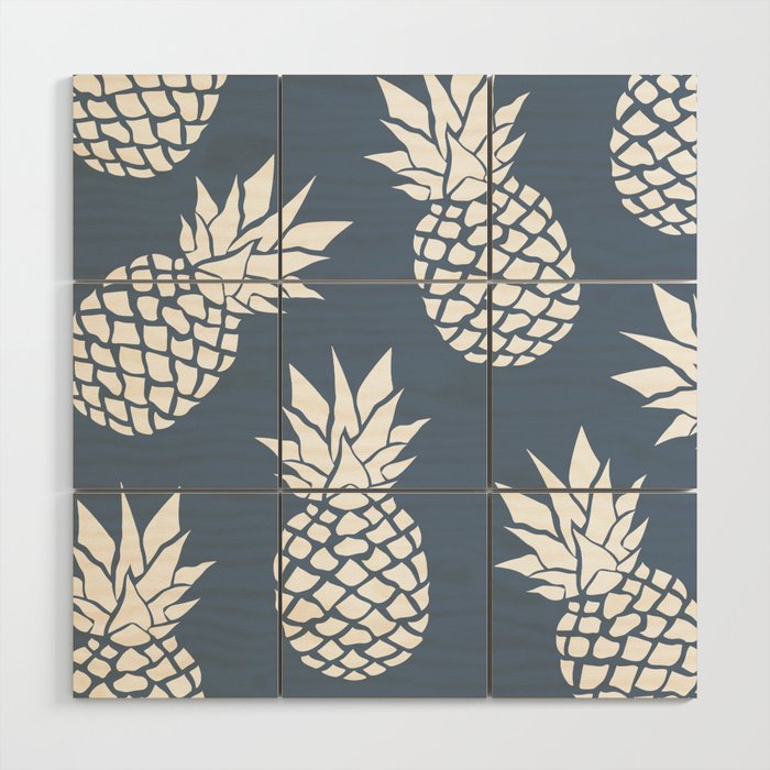 Festive, Tropical, Pineapples, Blue and White Wood Wall Art Gallery Image 1