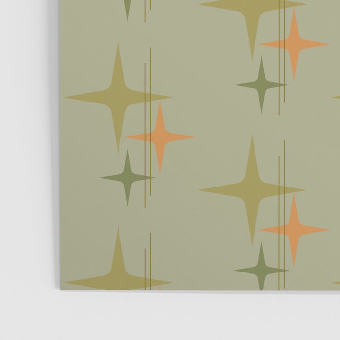 Mid Century Modern Atomic Stars and Lines Olive Green and Cantaloupe Orange Pattern Poster Gallery Image 3