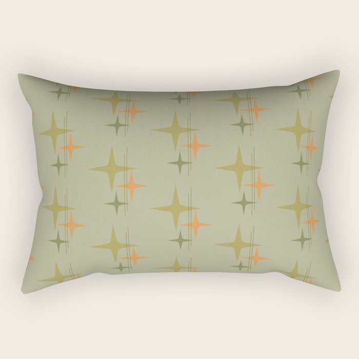 Mid Century Modern Atomic Stars and Lines Olive Green and Cantaloupe Orange Pattern Rectangular Pillow Gallery Image 1