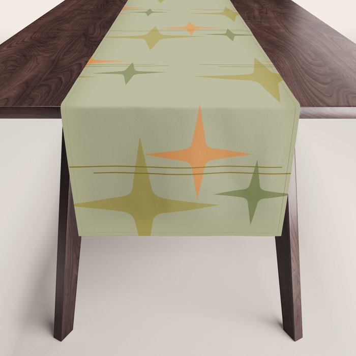 Mid Century Modern Atomic Stars and Lines Olive Green and Cantaloupe Orange Pattern Table Runner Gallery Image 1
