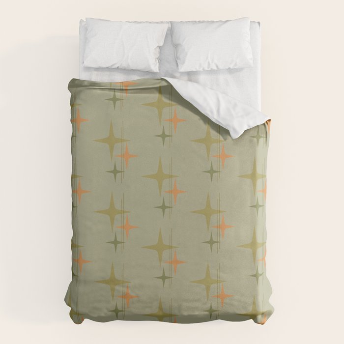 Mid Century Modern Atomic Stars and Lines Olive Green and Cantaloupe Orange Pattern Duvet Cover Gallery Image 6