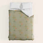 Mid Century Modern Atomic Stars and Lines Olive Green and Cantaloupe Orange Pattern Duvet Cover Gallery Image 6