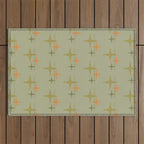Mid Century Modern Atomic Stars and Lines Olive Green and Cantaloupe Orange Pattern Outdoor Rug Gallery Image 1