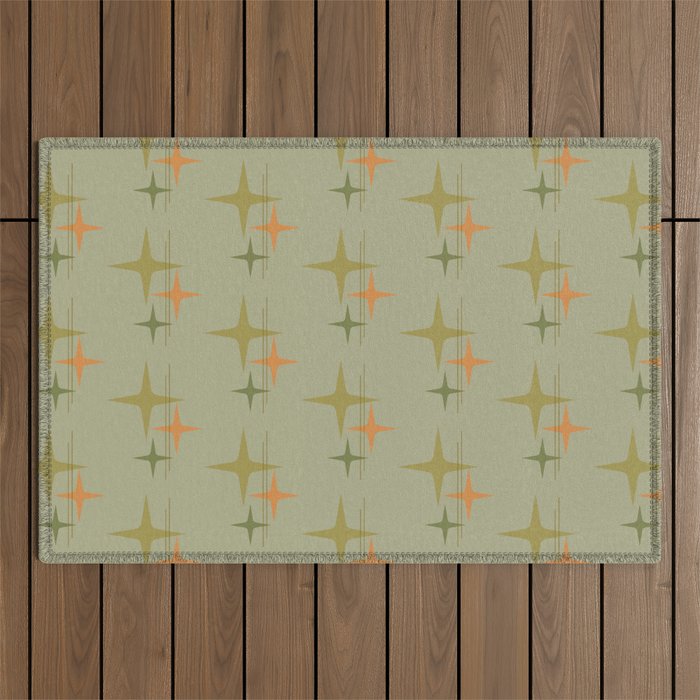 Mid Century Modern Atomic Stars and Lines Olive Green and Cantaloupe Orange Pattern Outdoor Rug Gallery Image 1
