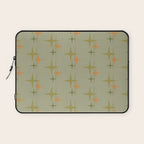Mid Century Modern Atomic Stars and Lines Olive Green and Cantaloupe Orange Pattern Laptop Sleeve Gallery Image 1
