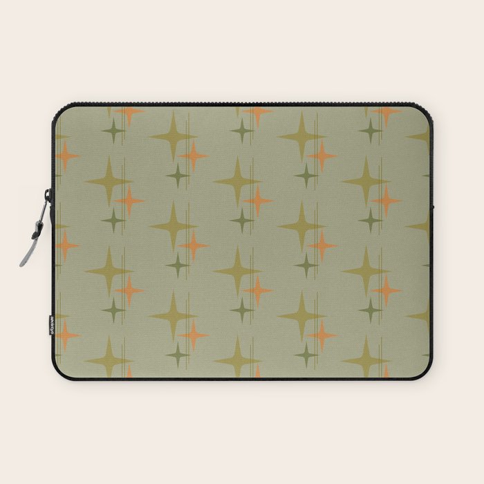 Mid Century Modern Atomic Stars and Lines Olive Green and Cantaloupe Orange Pattern Laptop Sleeve Gallery Image 1