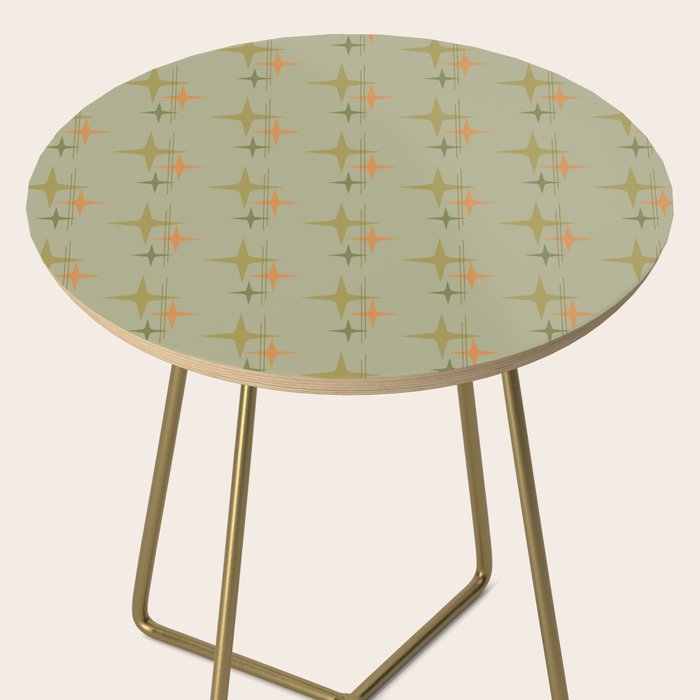 Mid Century Modern Atomic Stars and Lines Olive Green and Cantaloupe Orange Pattern Side Table Gallery Image 2