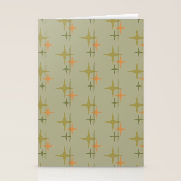 Mid Century Modern Atomic Stars and Lines Olive Green and Cantaloupe Orange Pattern Stationery Card Gallery Image 2
