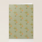 Mid Century Modern Atomic Stars and Lines Olive Green and Cantaloupe Orange Pattern Stationery Card Gallery Image 2