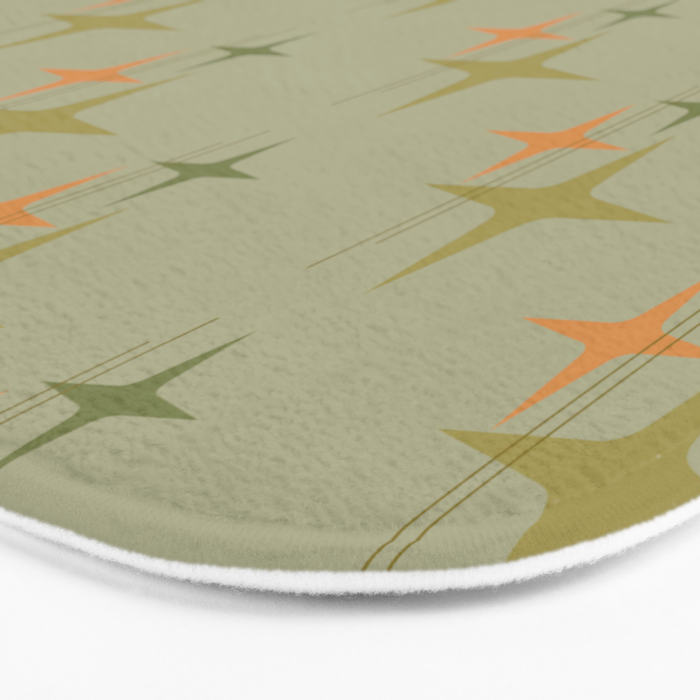 Mid Century Modern Atomic Stars and Lines Olive Green and Cantaloupe Orange Pattern Bath Mat Gallery Image 3