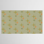 Mid Century Modern Atomic Stars and Lines Olive Green and Cantaloupe Orange Pattern Tablecloth Gallery Image 2