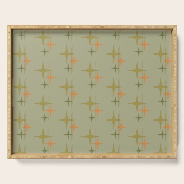 Mid Century Modern Atomic Stars and Lines Olive Green and Cantaloupe Orange Pattern Serving Tray Gallery Image 1