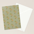 Mid Century Modern Atomic Stars and Lines Olive Green and Cantaloupe Orange Pattern Stationery Card Gallery Image 2