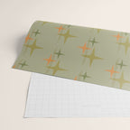 Mid Century Modern Atomic Stars and Lines Olive Green and Cantaloupe Orange Pattern Wrapping Paper Gallery Image 2