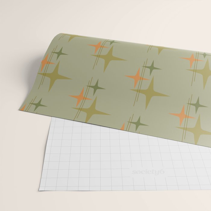 Mid Century Modern Atomic Stars and Lines Olive Green and Cantaloupe Orange Pattern Wrapping Paper Gallery Image 2