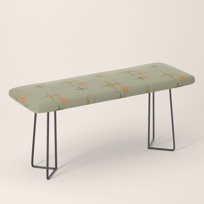 Mid Century Modern Atomic Stars and Lines Olive Green and Cantaloupe Orange Pattern Bench Gallery Image 1