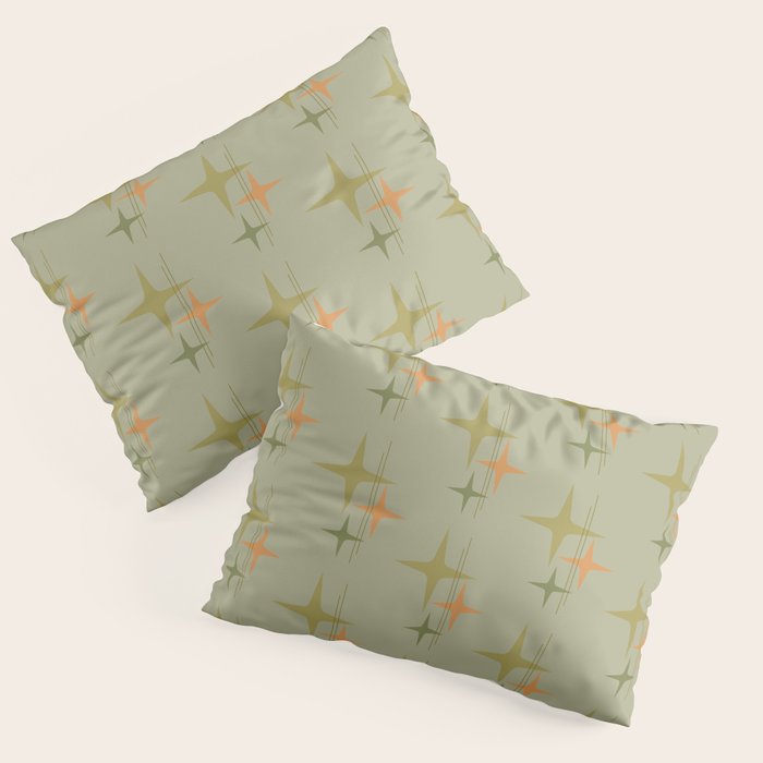 Mid Century Modern Atomic Stars and Lines Olive Green and Cantaloupe Orange Pattern Pillow Sham Gallery Image 1