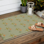Mid Century Modern Atomic Stars and Lines Olive Green and Cantaloupe Orange Pattern Outdoor Rug Gallery Image 2